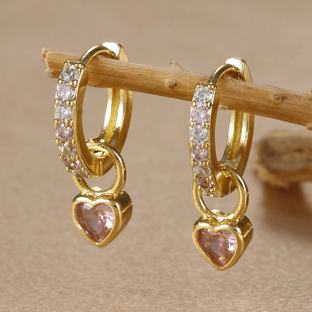Stainless Steel Green Pink Red Heart Crystal Zirconia Drop Earrings For Women Circle Charm Dangle Earring Korean Fashion Jewelry