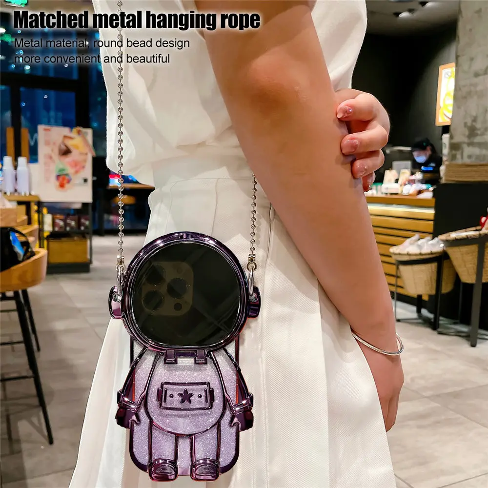 Plating 3D Astronaut Glitter Phone Case For iPhone 16 15 14 Plus 13 12 11 Pro Max Clear Lens Camera Protect Mirror Cover Funda