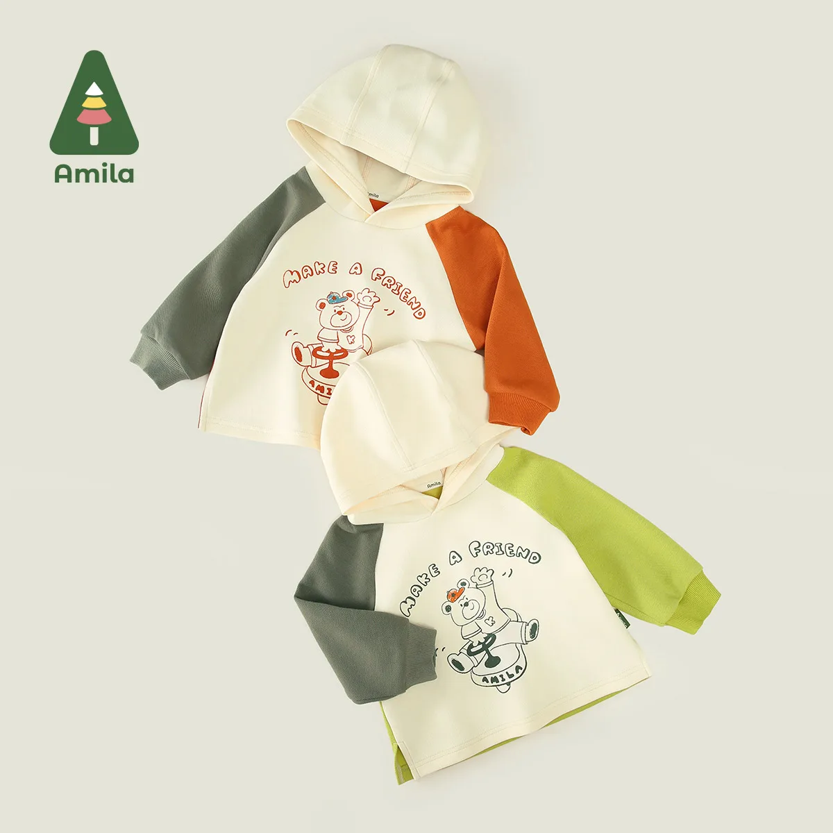 Amila Baby Pullover 2024 Spring New Contrast Splicing Elastic Breathable Lovely Cartoon Boys Hooded Sweatshirt