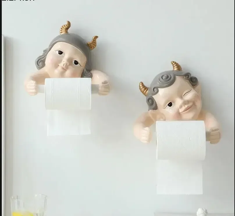 

Elves Boy Girl Tissue Box Kitchen Toilet Roll Holder Resin Decorative Boxes Wall-mounted Paper Towel Holders