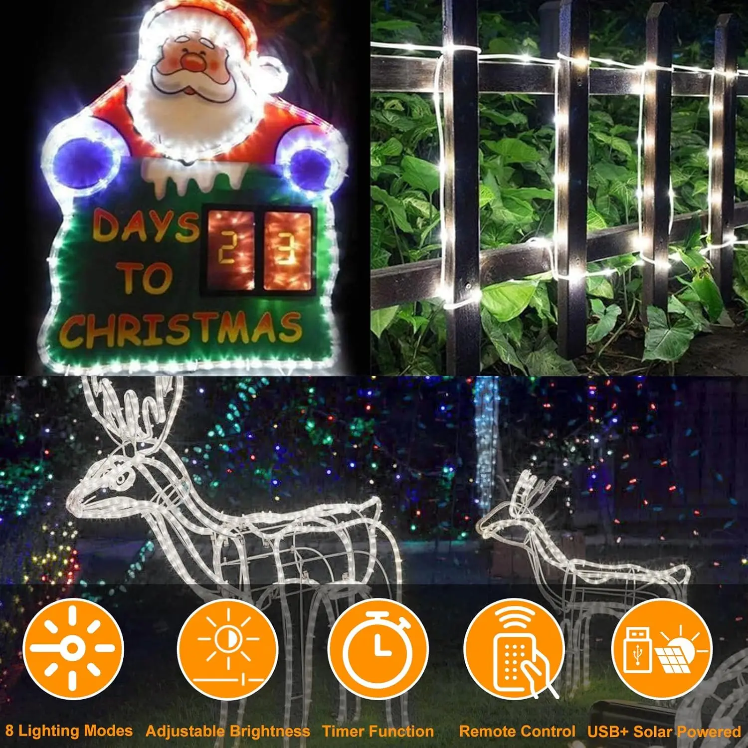 Fairy Lights White 1000 LED Rope Lights Solar Powered for Christmas Garden Fence Yard Party Wedding Decor 164 FT 8 Modes Xmax