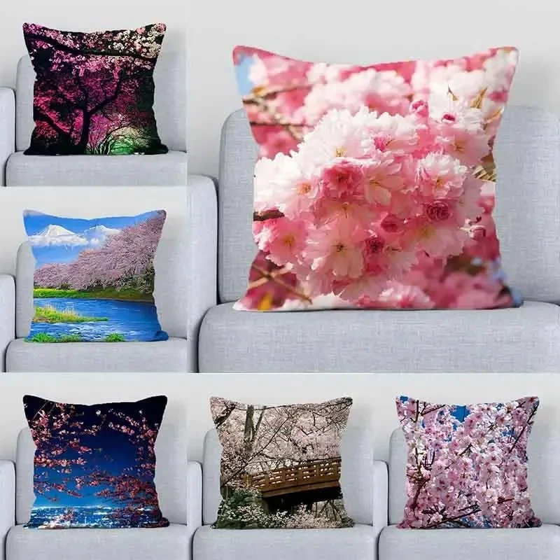 Home Decorative Pillowcase Japanese National Flower Sakura Mount Fuji Pattern Print Home Office Sofa Luxury Cushion Cover