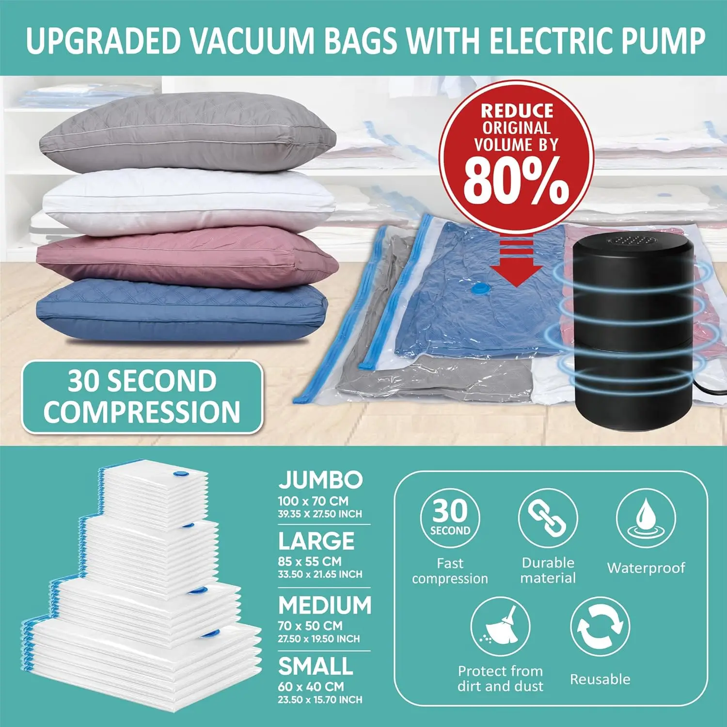 30 Vacuum Storage Bags with Electric Pump, Vacuum Sealed Storage Bags, Space Saver Vacuum Seal Bags