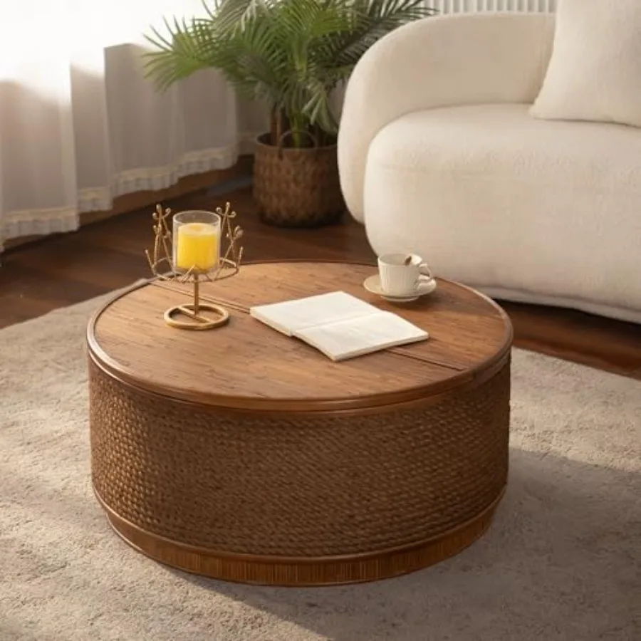 

31.5" nd an Coffee ble wi Lift-Off Lid Storage, Hand-Woven Hemp Rope Trim Coffee bles, Boho Center ble for LivinRoom