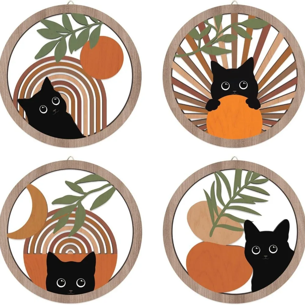 

4pcs Bohemian Style Wooden Black Cat Wall Decoration Cute Art Wall Hanging Exquisite Cartoon Background Pendant Homestay