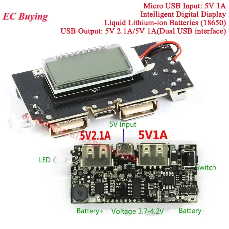 وحدة تحكم شاحن بنك طاقة محمول 3 منافذ USB من 3V إلى 5V 2A 1A وحدة تعزيز الطاقة لوحة شحن بطارية ليثيوم مع إضاءة LED - 6
