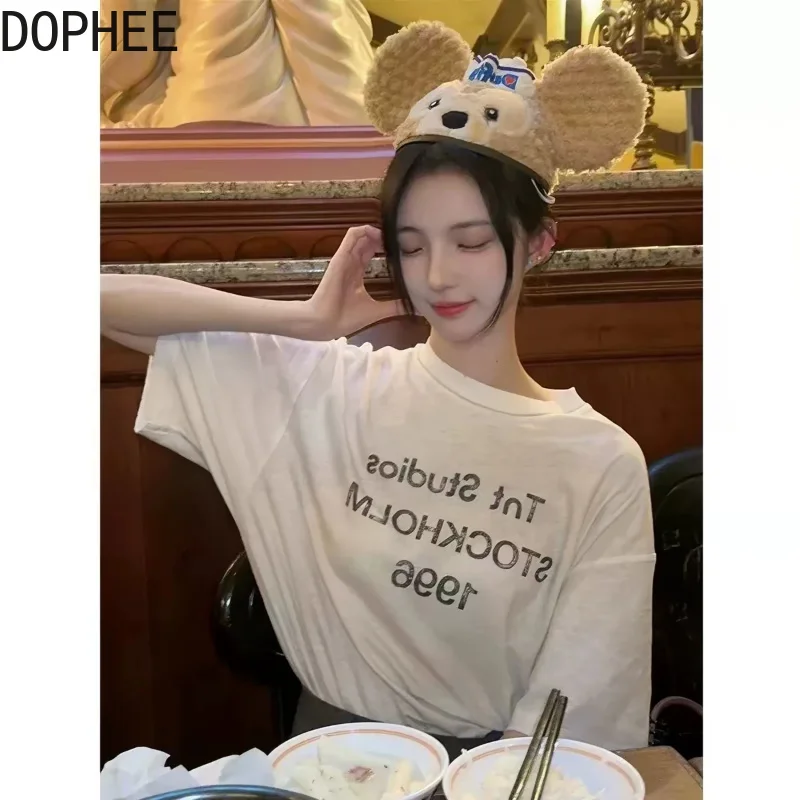 American Letetrs Printed Loose Short Sleeve T-shirt Letters Printed Round Neck Pullover Top Casual Cotton-linen Couple's Tees