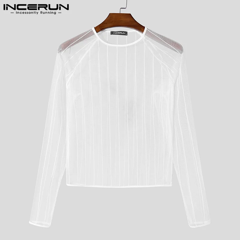 Party Nightclub Style Tops INCERUN Men\'s See-through Thin Design T-shirts Sexy Leisure Male Hot Sale Long Sleeved Camiseta S-3XL