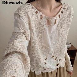 Korea Fashion Long Sleeve Knitted Shirt 2024 Autumn Hollow out embroidery Tops Round Neck Casual Women Blouse