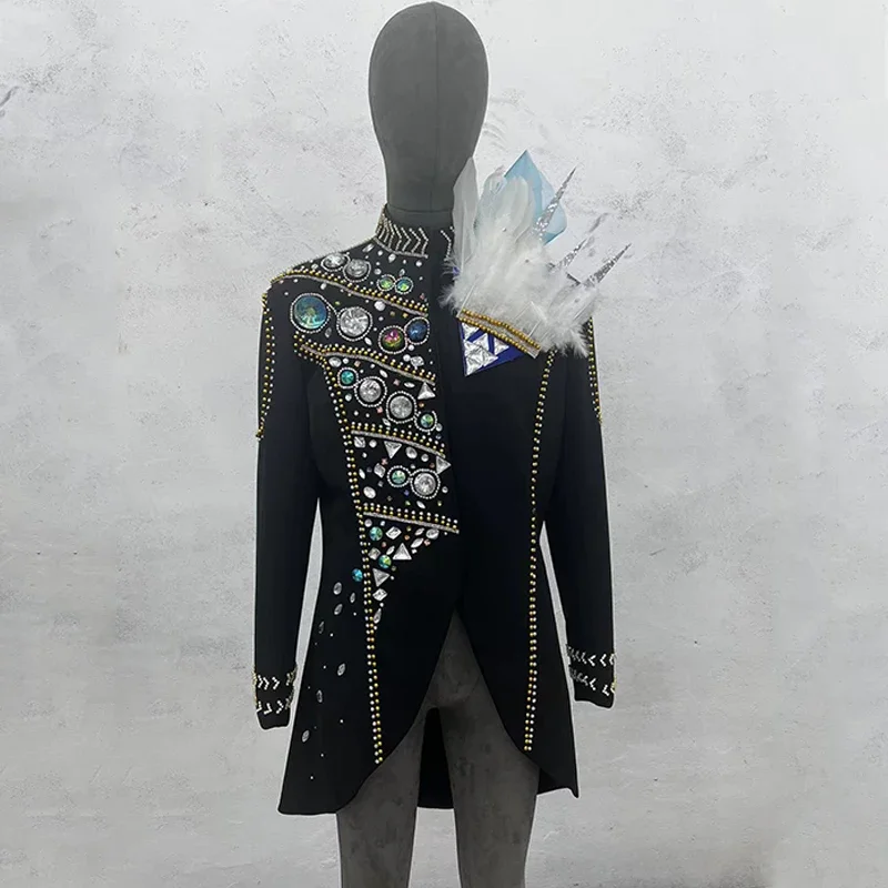 Men Singer Jazz Dance Jacket Big Stones Fur Stage Performance Coat Adults Male Hip Hop Dance Blazer Bar Gogo Dance Costume 7516