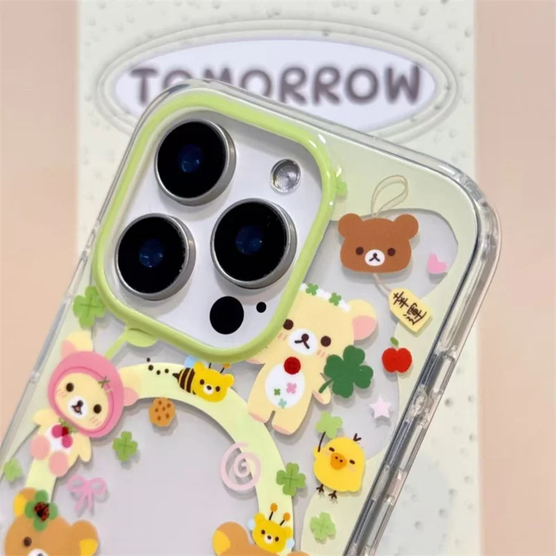 Magnetische Schutzhülle mit bemaltem vierblättrigem Kleeblatt-Bären-Design und drehbarem magnetischem Halter für iPhone 12, 13, 14, 15, 16, 17, 18 Pro Max. – Detail 4