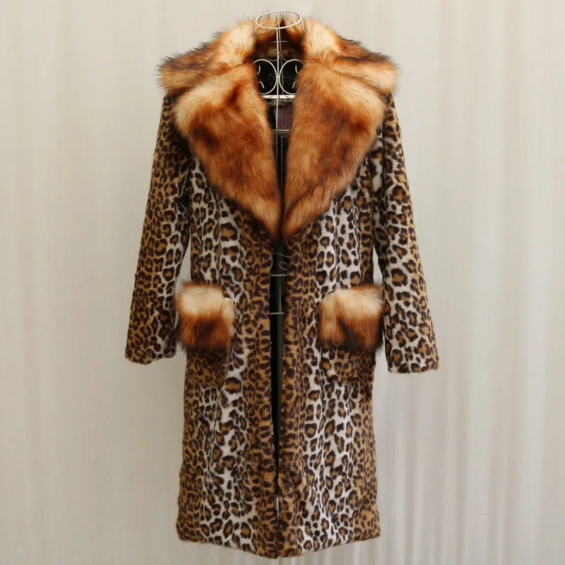 

Notched Collar Faux Fur Jacket Leopard Long Brown Furry Jacket Fluffy Elegant 2025 Faux Fox Collar Plush Coats Luxury Warm Thick