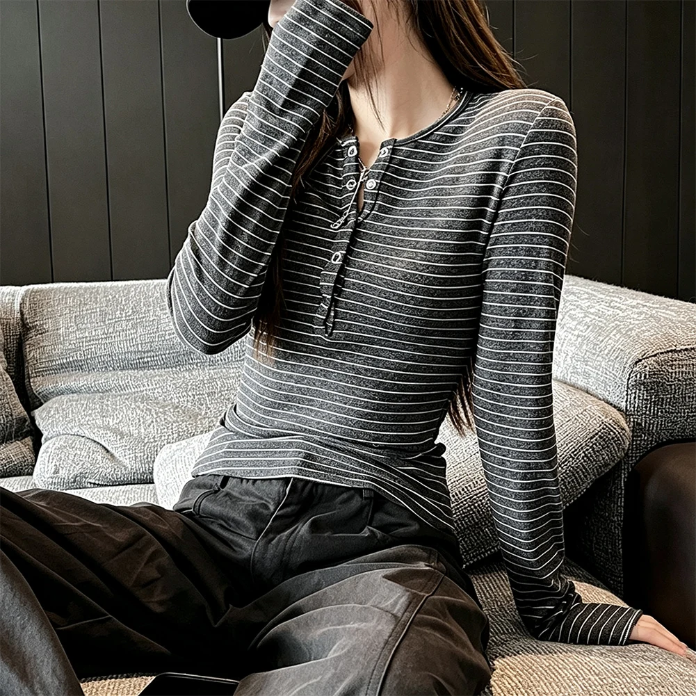 Ladies' Contrasting Color‑Block Striped Shoulder Long Sleeved T-shirt Base Shirt For Spring And Autumn Seasons Tops