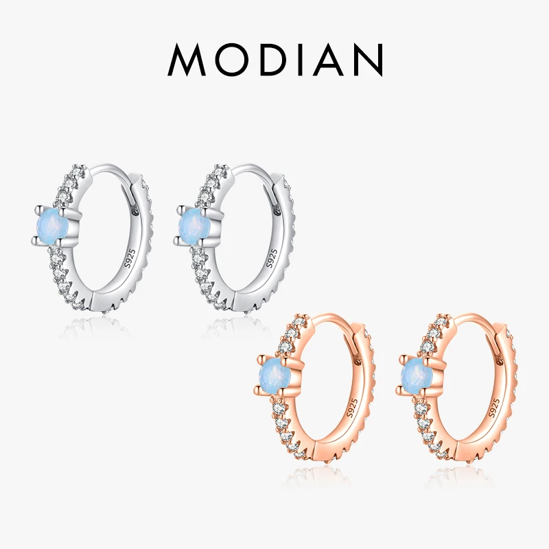 

Modian 925 Sterling Silver Shiny Round Blue Opal Ear Buckles Fashion Hoop Earrings For Women Original Design Party Fine Jewelry