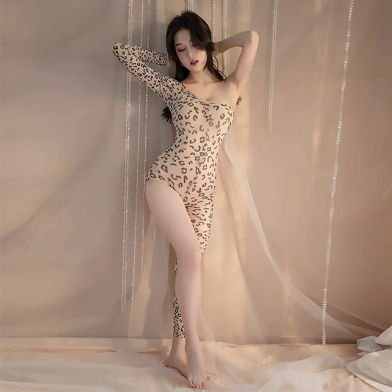 Sexy Porn Underwear Women Bodysuit Leopard Single Leg Bodystockings Zebra Lace Erotic Lingerie Transparent Jumpsuit Sex Costumes