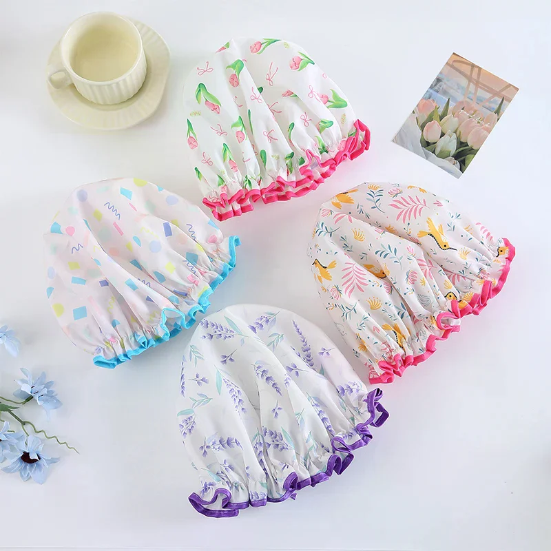 زهرة نمط طبقة مزدوجة قبعة الدش مقاوم للماء قابلة لإعادة الاستخدام مطبوعة حمام الشعر بونيه للنساء السيدات سبا صالون الاستخدام المنزلي السفر #4