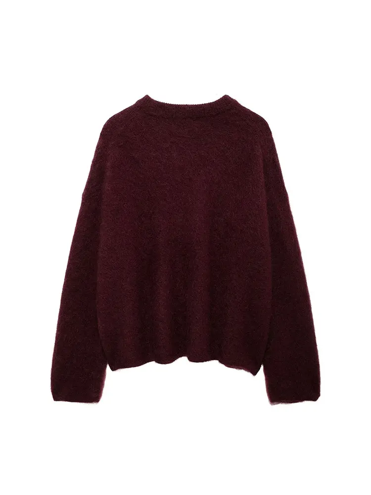 TRAF 2024 Autumn Women Fashion Minimalist Casual Loose Sweater Woman Round Neck Knitted Casual Knitwear Pullover Top