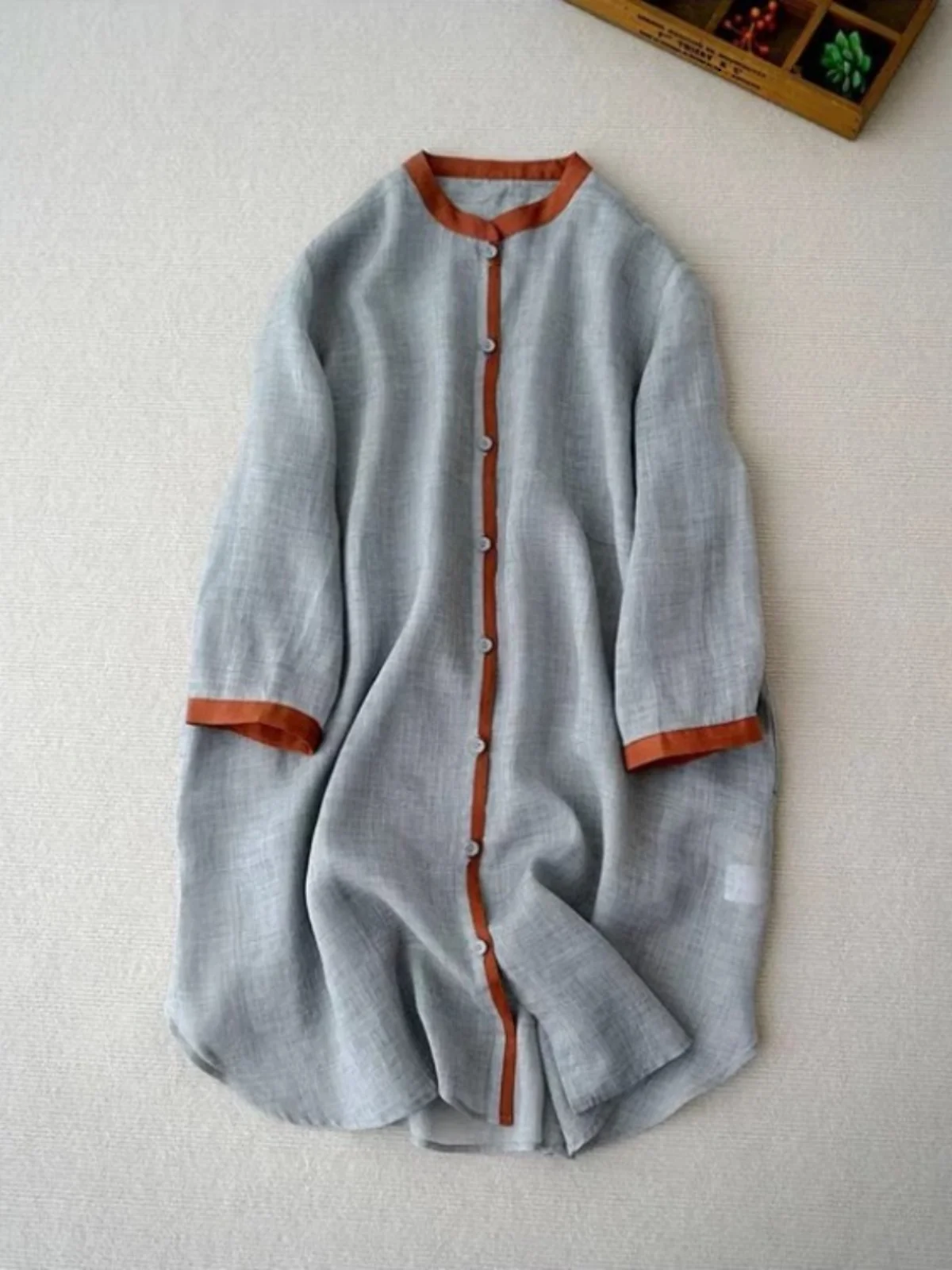 Retro Kontrastfarbe Leinen Seven Sve irt Jaet Damen Frühfrühling Lose Lässige Mittellange Baumwollleinen Sonnenschutz Top