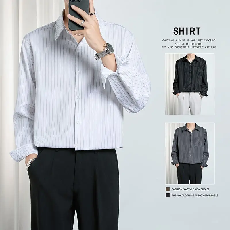 

Long Sve Men's irt Loose Striped Outerwear Korean Trend Spring Autumn Top Quali Polyester Fiber Casual Wear