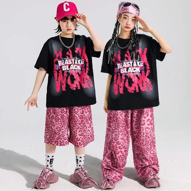 Costume de danse de rue pour enfants, ensemble Hip Hop, pantalon imprimé léopard rose, T-Shirt noir surdimensionné, tenue de Jazz pour enfants, Streetwear AMY1953