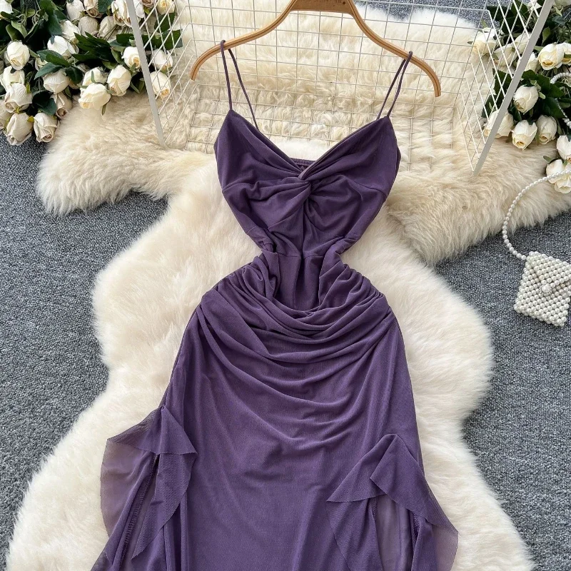 Pop Summer Sexy Strap Mesh Beach Long Dress Fashion Strap Cross Irregular Ruffles Split Sundress Solid Sheer Backless Party Dres