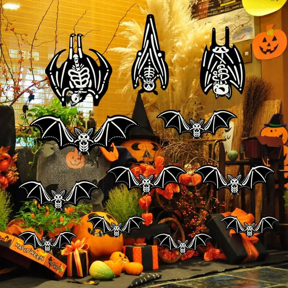 Pegatinas colgantes preperforadas que brillan en la oscuridad, esqueleto de murciélago de Halloween, 12 piezas, pegatinas de pared falsas de murciélago negro para interiores