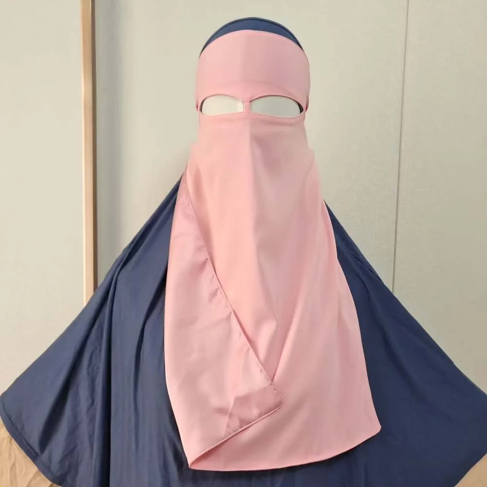 Satin Lined Niqab with Eagle Eye Nose String Ramadan Muslim Women Face Cover Veil 2 Layer Headscarf Muslim Kopftuch Hijab Scarf