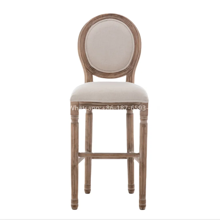 Solid Wood Beige Linen Fabric Aged Brushed Louis Bar Stool