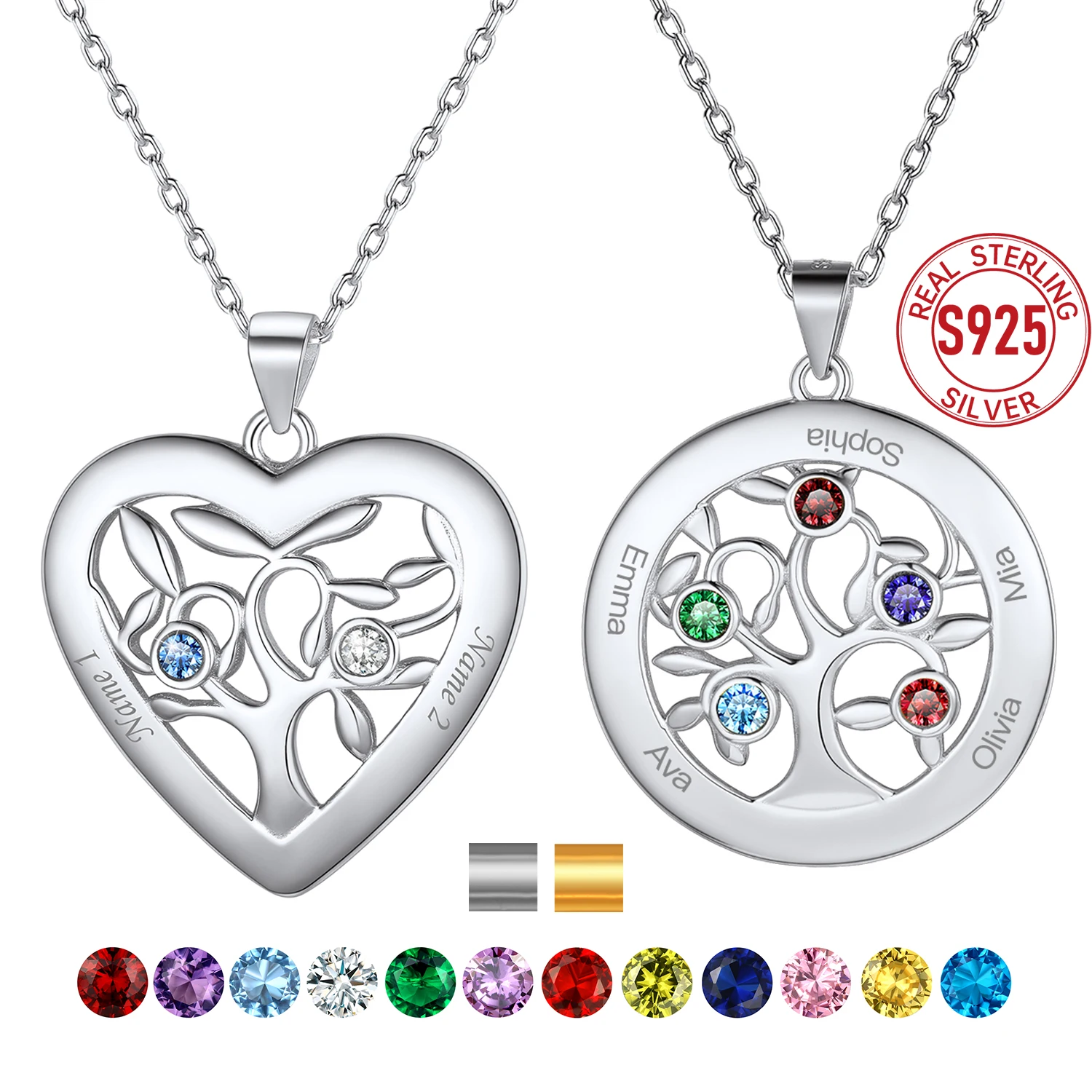 

U7 Custom 925 Sterling Silver Heart round Tree of Life Necklaces with 2-7pcs Birthstones & Family Members' Names Jewelry Gift