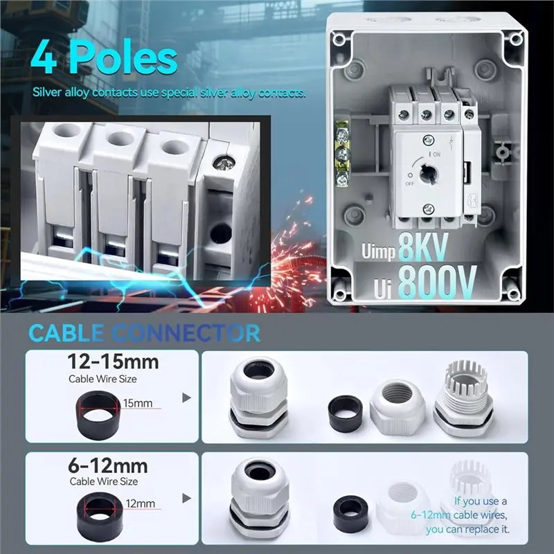 FLYY-IP66 Wasserdichter 32A 4-poliger Trennschalter 800V AC, Drehgriff, geeignet für industrielle, gewerbliche und private Nutzung. – Detail 4