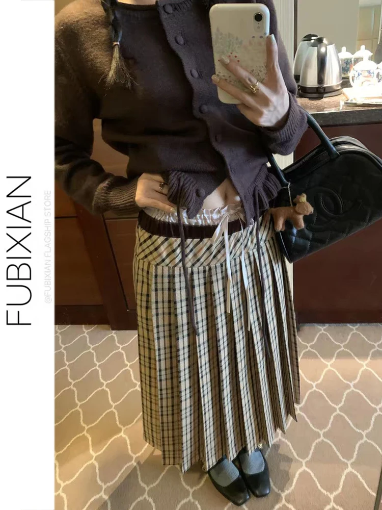 

Retro American College Sle Plaid Skirt Low Waist Patchwork Color Blo Casual Pleated Dstring Spring Autumn Winter ...