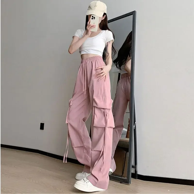 Women's Cargo Pants High Waist Wide Leg with Pockets Female Trousers Pink Autumn Casual Nylon Quality Clothing Slacks 90s Cotton