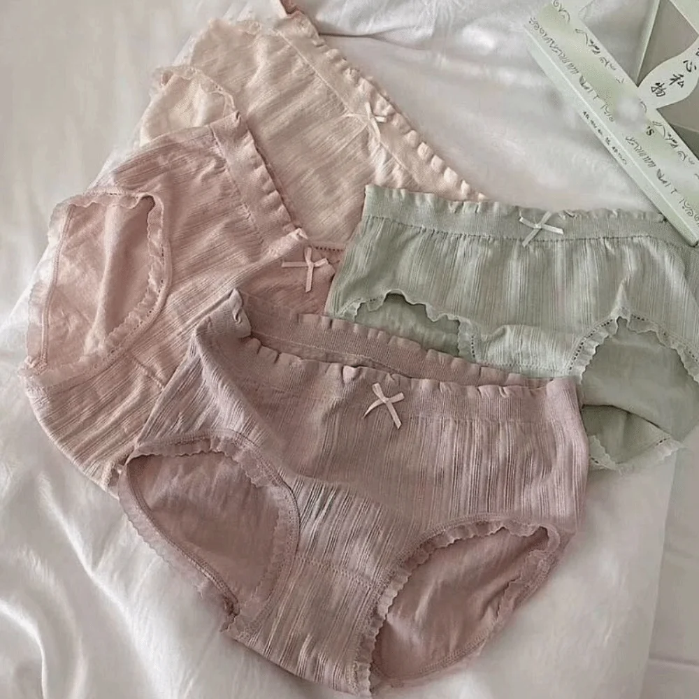 

4Pcs Breathable Mid Waist Lace Bowknot Panties Cotton Crotch Thin Seamless Briefs Underpants Lingerie Underwear for Women Girl