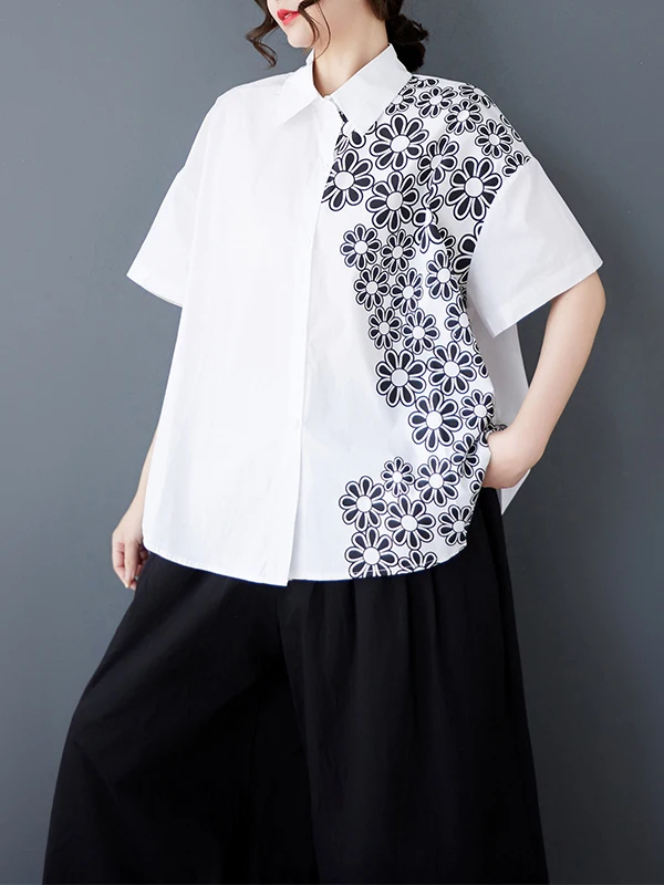 ユニークで美しい女性の夏のプリントデザイン韓国風ゆったりフィット襟付きカジュアルファイオントップ