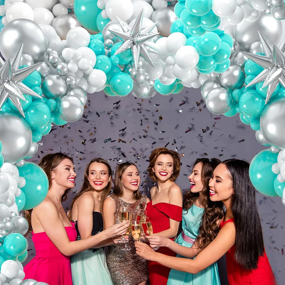 Blue-Green Silver-White Balloon Garland Arch Kit, 1812 10 5inch Blue-Green Balloon with 3-Piece Star Aluminum Foil Balloons for Birthday, Wedding