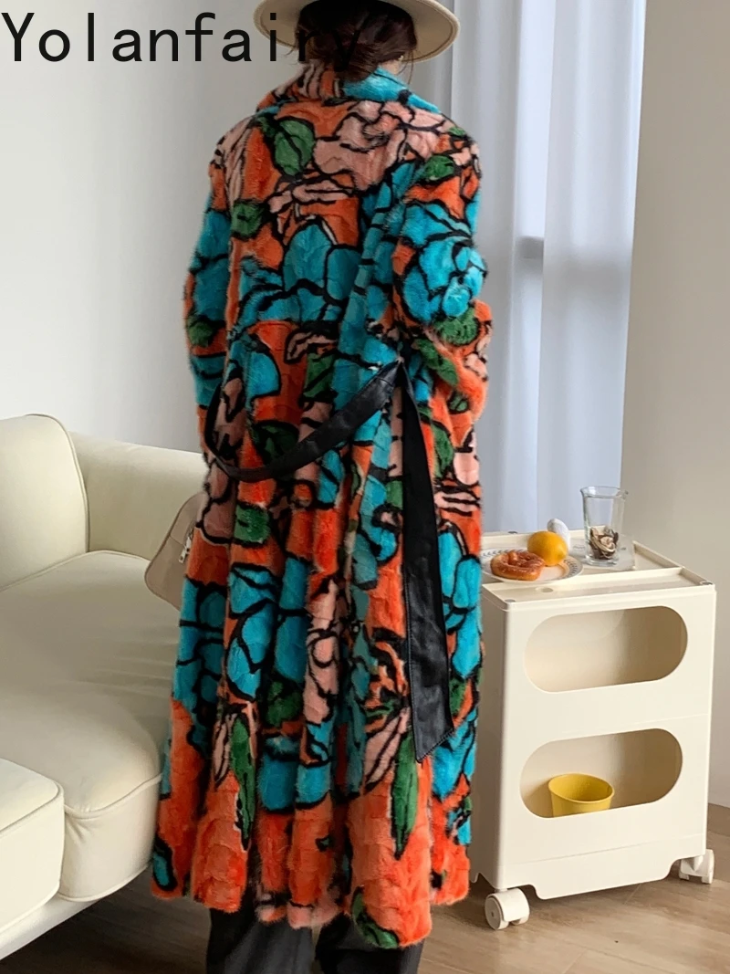 YOLANFAIRY High Quality Splicing Mink Fur Jacket Women's Clothes 2025 Winter Long Real Fur Coats Woman Printed Long Fur Coat