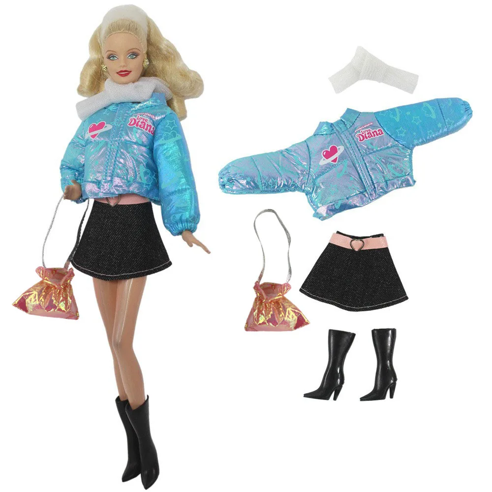 30cm Supermodel Doll Clothes Set Winter Blue Cotton Jacket Denim Short Skirt Scarf Shoe Bag Set 1/6 Doll Exquisite Accessory Toy