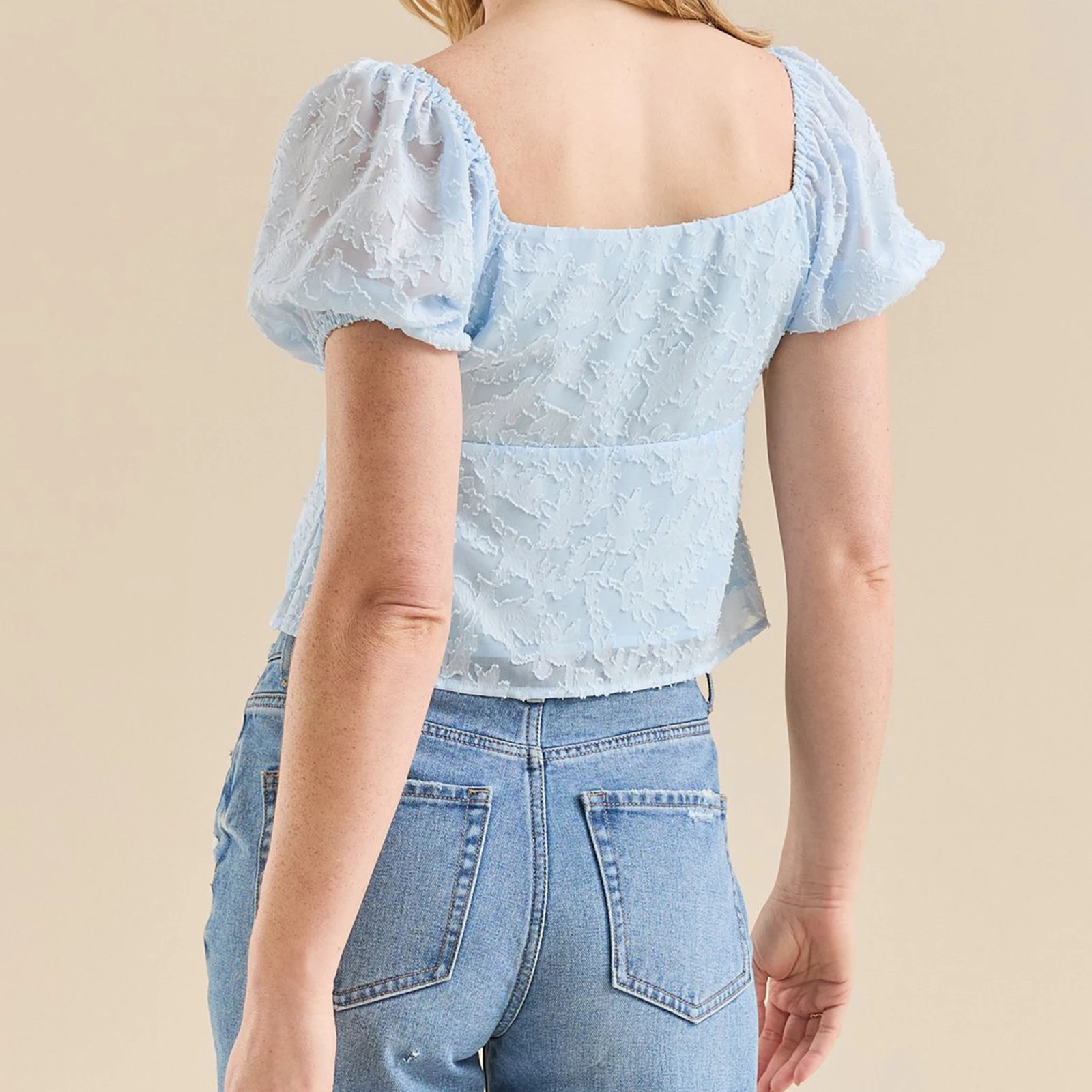 Combhasaki Vrouwen Zomer Cropped Shirt Jacquard Bloemenprint Tie Split Front Korte Bladerdeeg Mouw Vierkante Hals Babydoll Blouse Tops