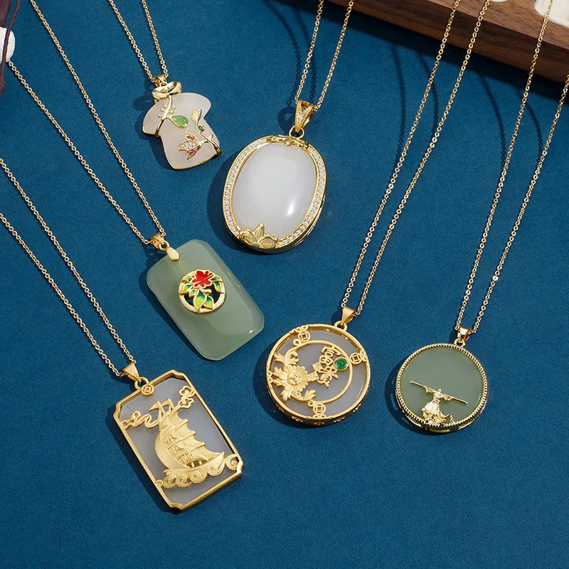 

Китайское шикарное древнее круглое квадратное ожерелье с подвеской из нефрита Хотан, женская простая индивидуальная цепочка с подвеской