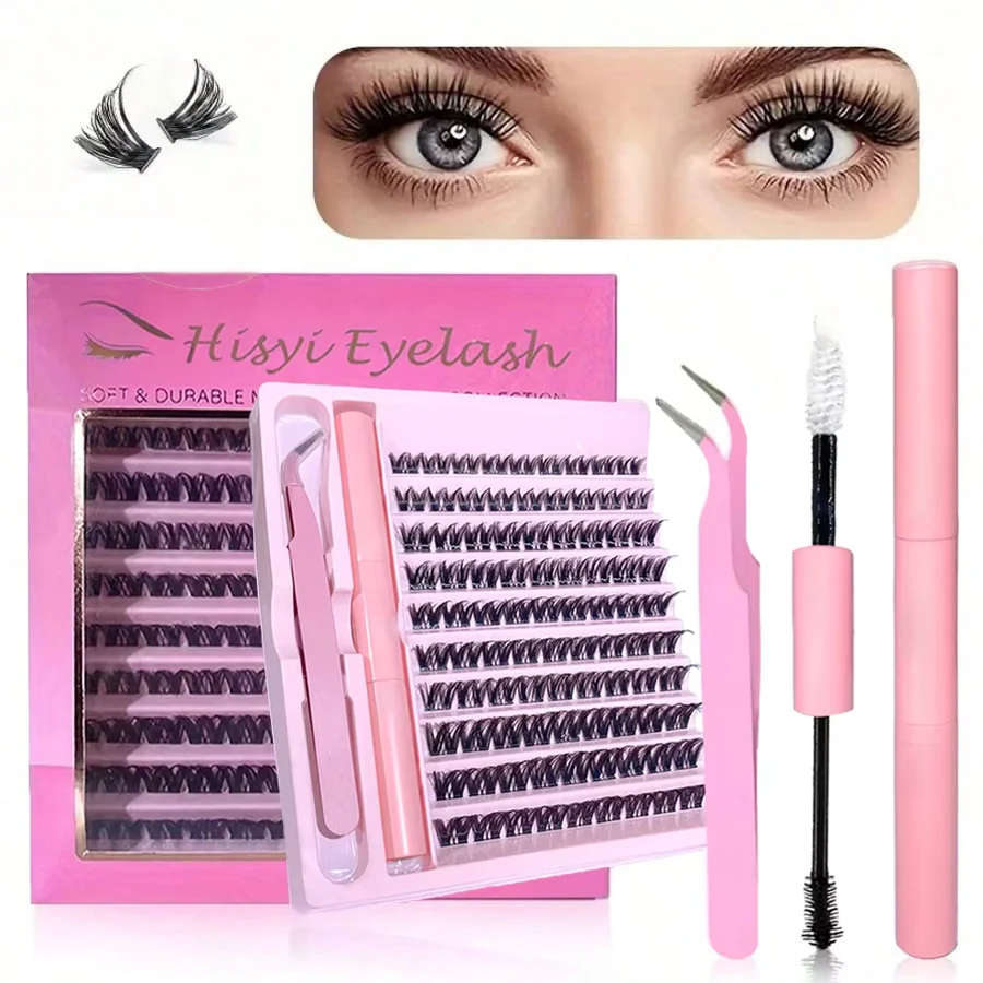 Kit de Pestañas por Grupos 3D 190 Pzs con Pegamento y Sello, Herramientas de Maquillaje, Rizador