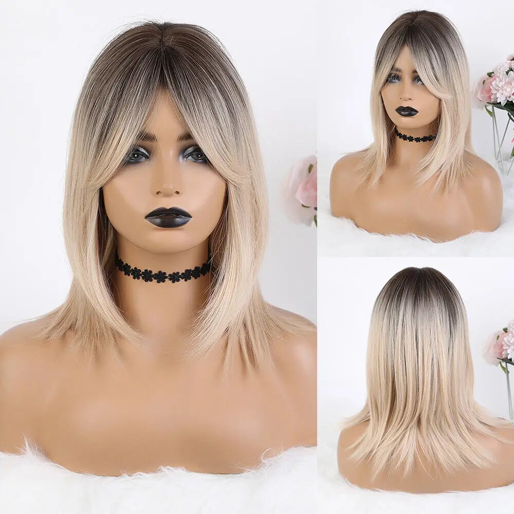 

ALAN EATON Blonde Ombre Brown Synthetic wigs Bangs Long Straight Layered Wig