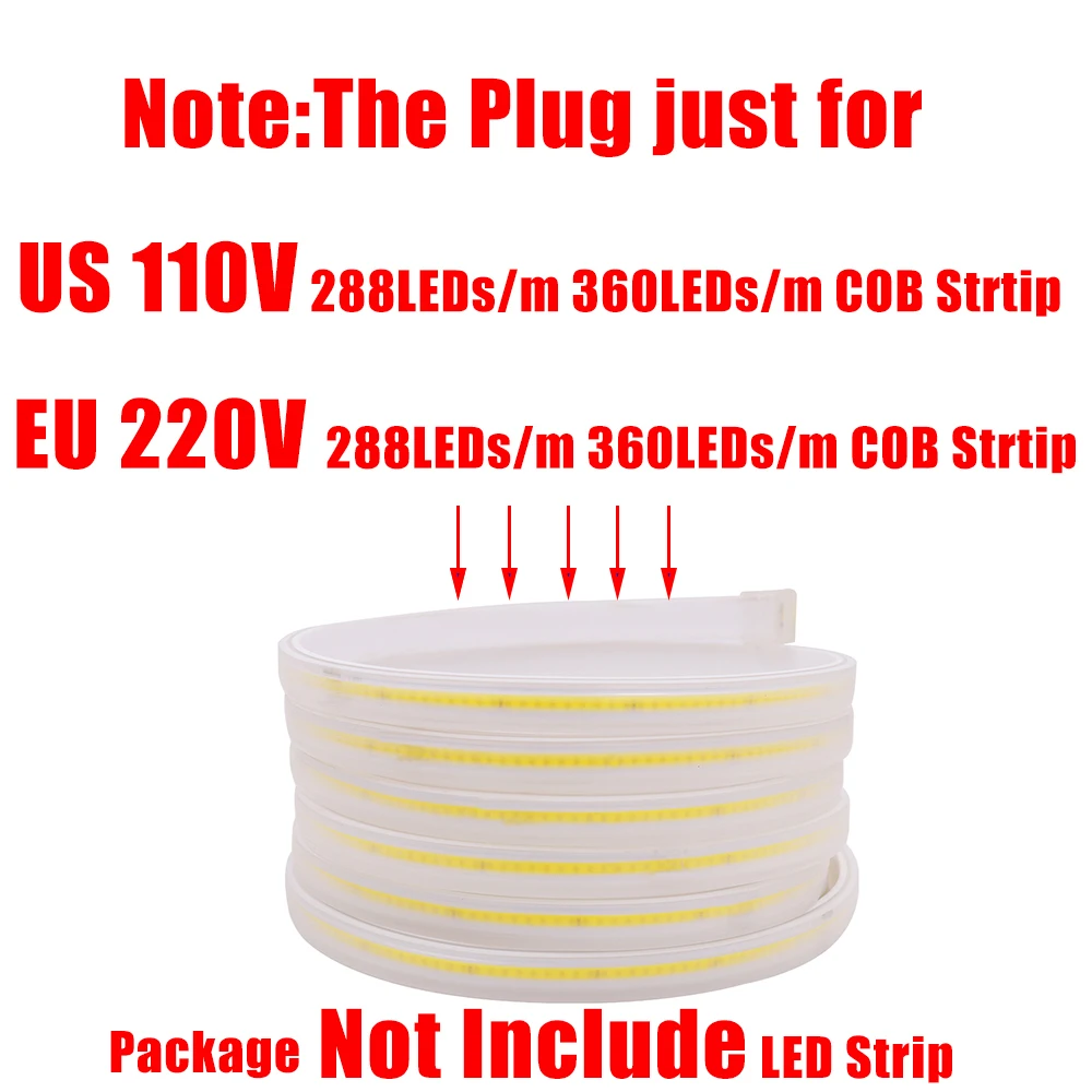 Eu 220 110v米国110v cob ledストリップライト電源プラグドライブ288 leds/メートル360 leds/メートルなしワイヤーcobストリップテープライト電源ケーブル