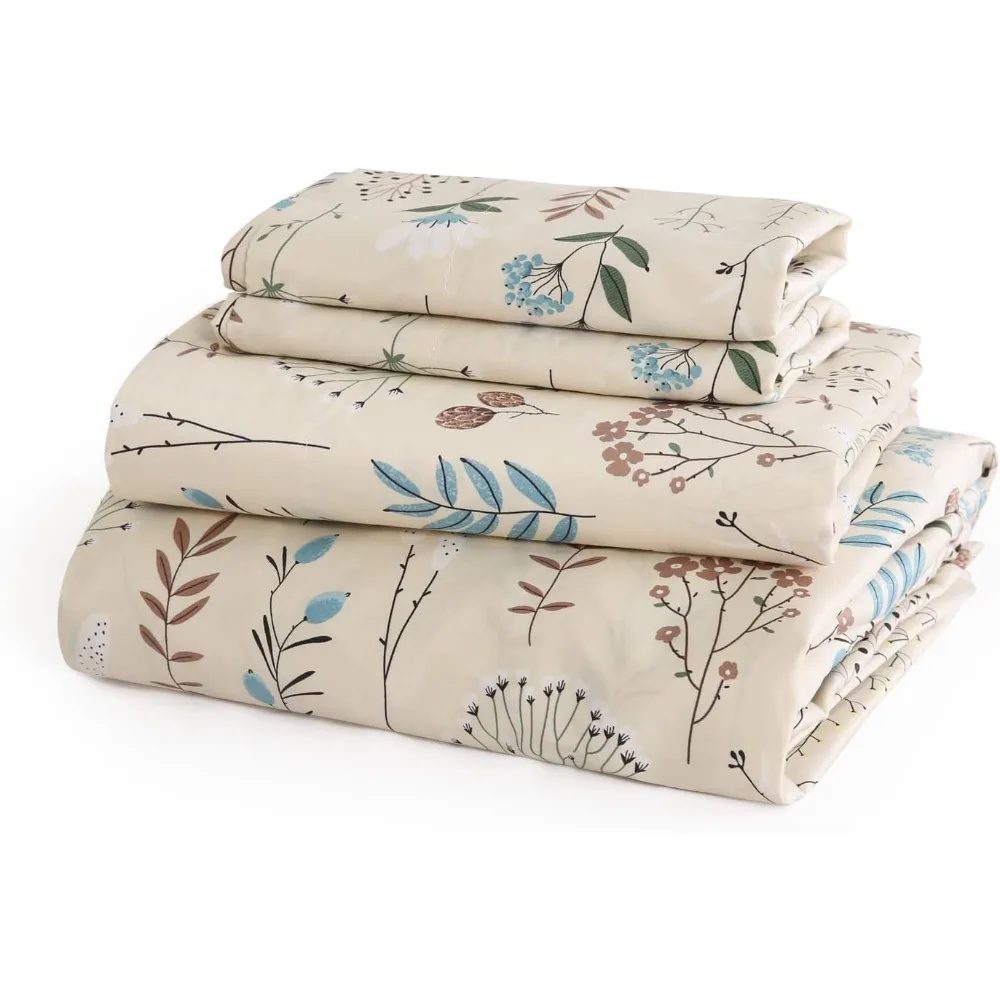 

Queen Size Bohemian Floral Cotton Sheet Set, 300 Thread Count Printed Sateen with Deep Pockets, Soft, Breathable, and Wrinkle-Re