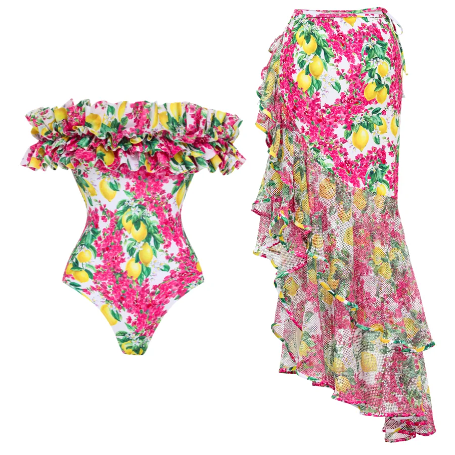 FLAXMAKER Bandeau Ruffled Lemon Floral Print One Piece Swimsuit and Mesh Splicing Sarong