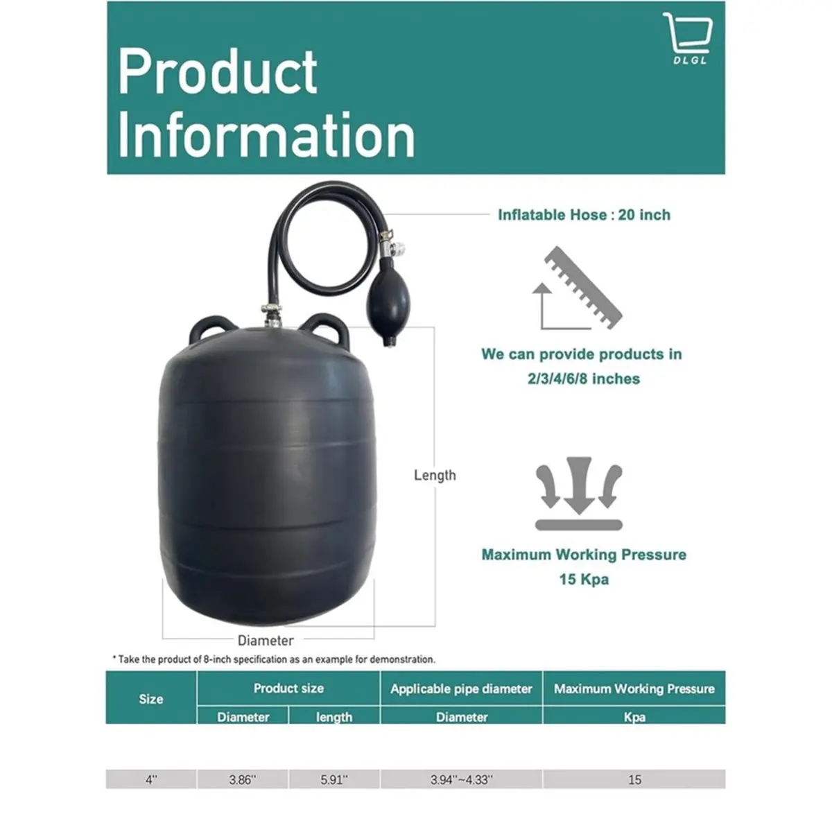 DT36 Inflatable Pipe Plug Balloon for Sealing and Testing of Sewer Pipes, Plumbing Pressure Bladder with Air Pump - (4P Inch)