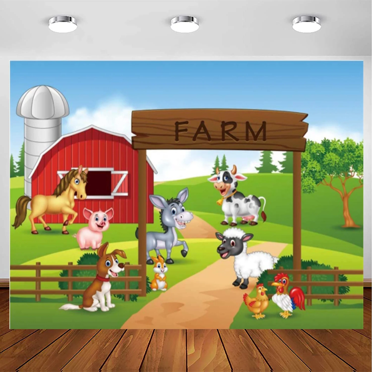 

Cartoon Farm Photography Backdrop Funny Animals Farm Party Theme Kid Birthday Background Red House Barn Green Lawn Sheep Chicken