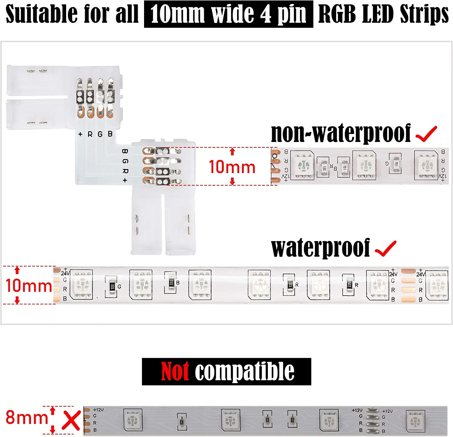 Connettori LED a forma di L 4pin connettori angolari ad angolo retto da 10mm terminale connettore adattatore senza saldatura con clip per striscia