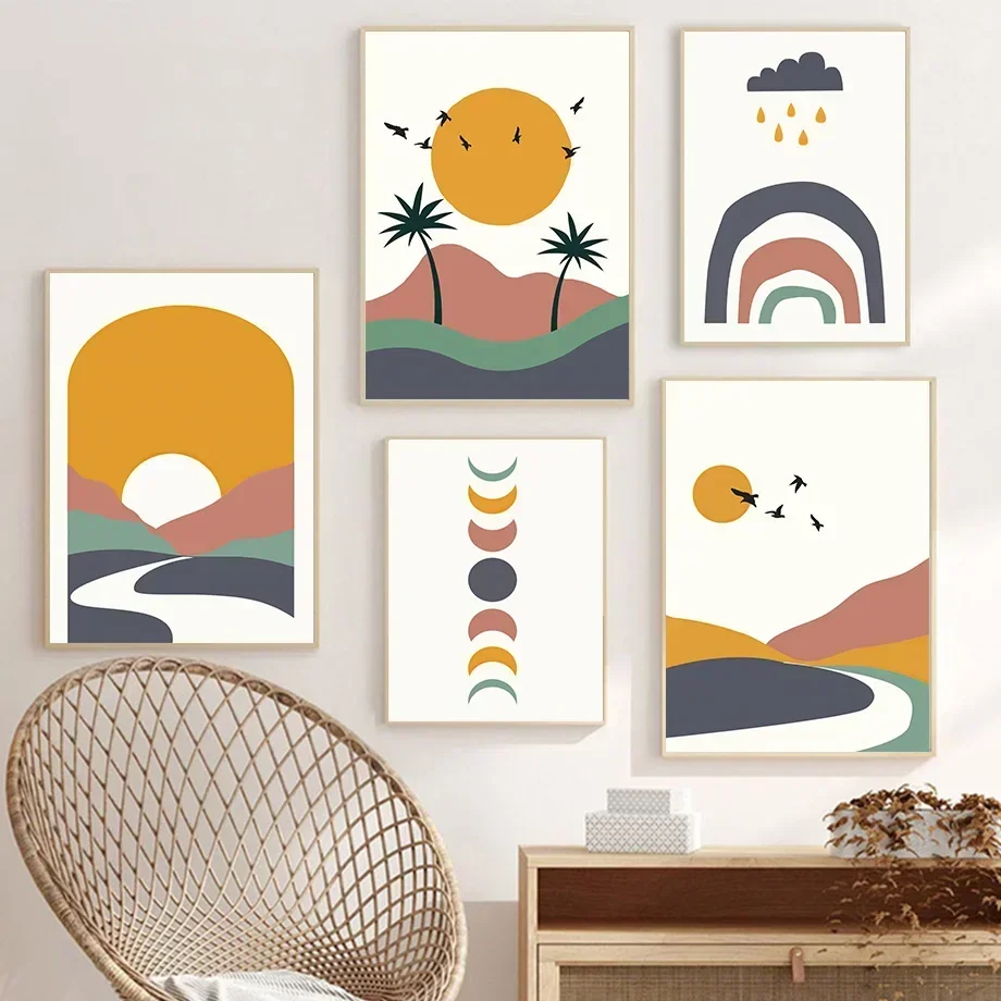 Mountain Sun Moon Tropical Leaf Plant Boho Minimalist Wall  Print Canvas Painting Posters for Living Room Modern Home Decor view 3
