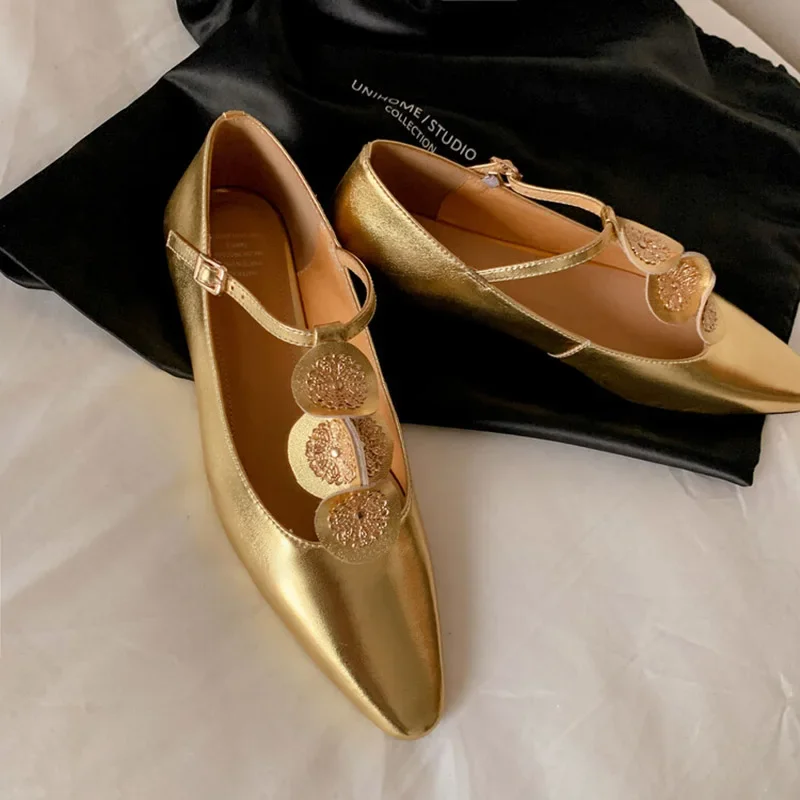 2024 new T-strap  janes shoes Women Retro party low heels elegant flats genuine leather  gold black