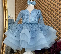 Luxuriöse hellblaue Glitzer Blumen mädchen Kleider Mädchen Prinzessin Kleid Hochzeits feier Kleid Mädchen Kinder kleid Vestidos de Niña